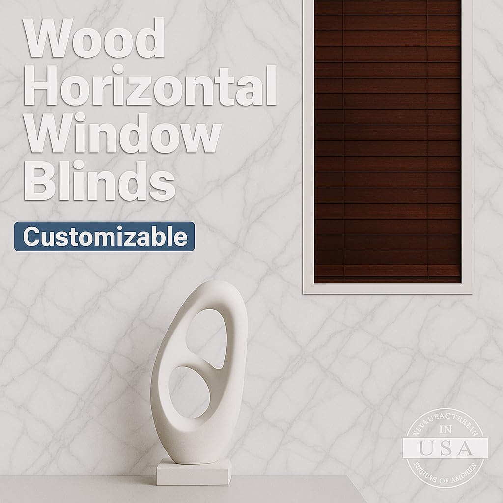 Blinds House Solution 2 Inch Real Wood Cordless Window Blinds, Custom Size, White, Inside or Outside Mount, Manual Tilt