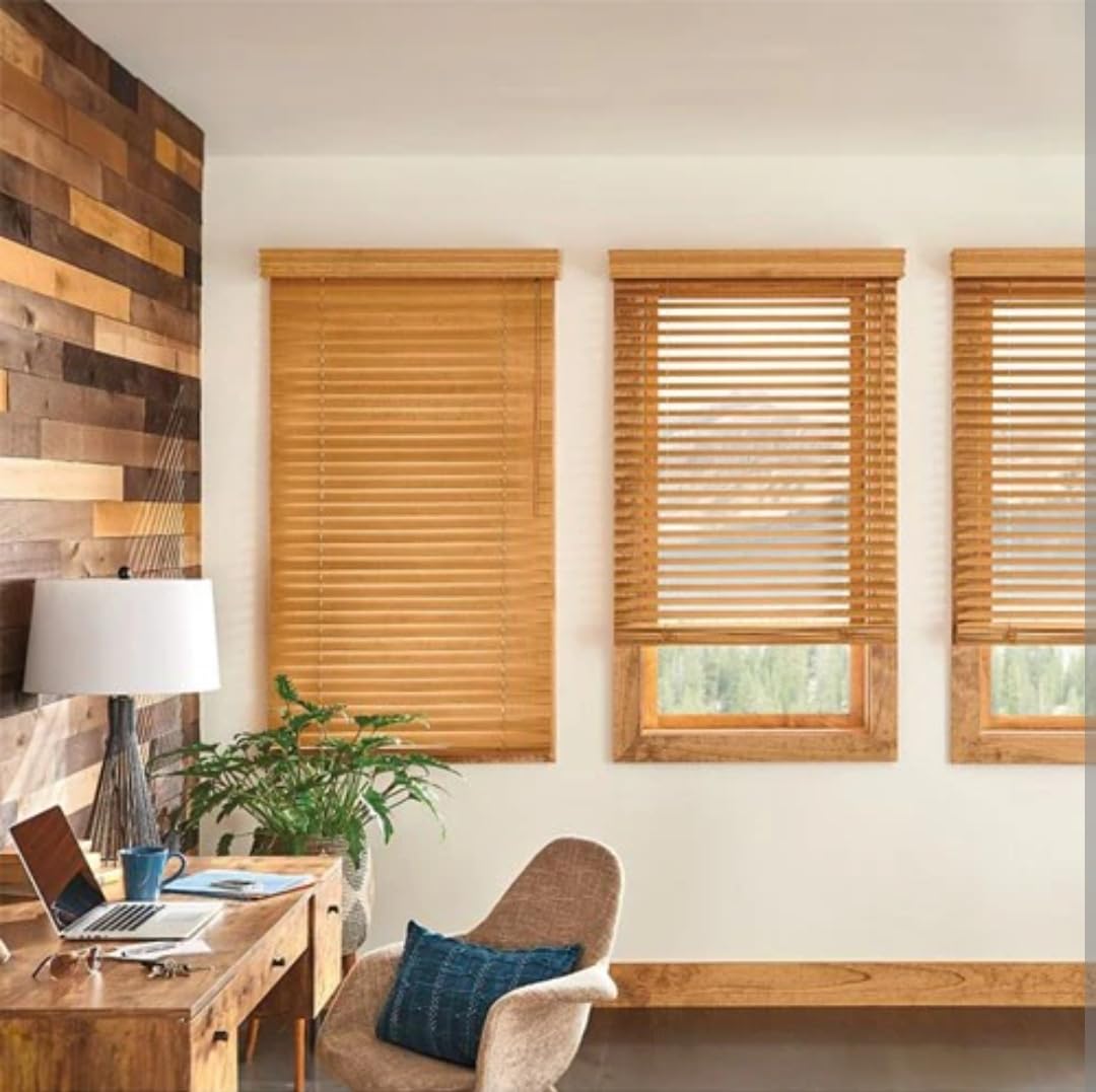 Blinds House Solution 2 Inch Real Wood Cordless Window Blinds, Custom Size, White, Inside or Outside Mount, Manual Tilt