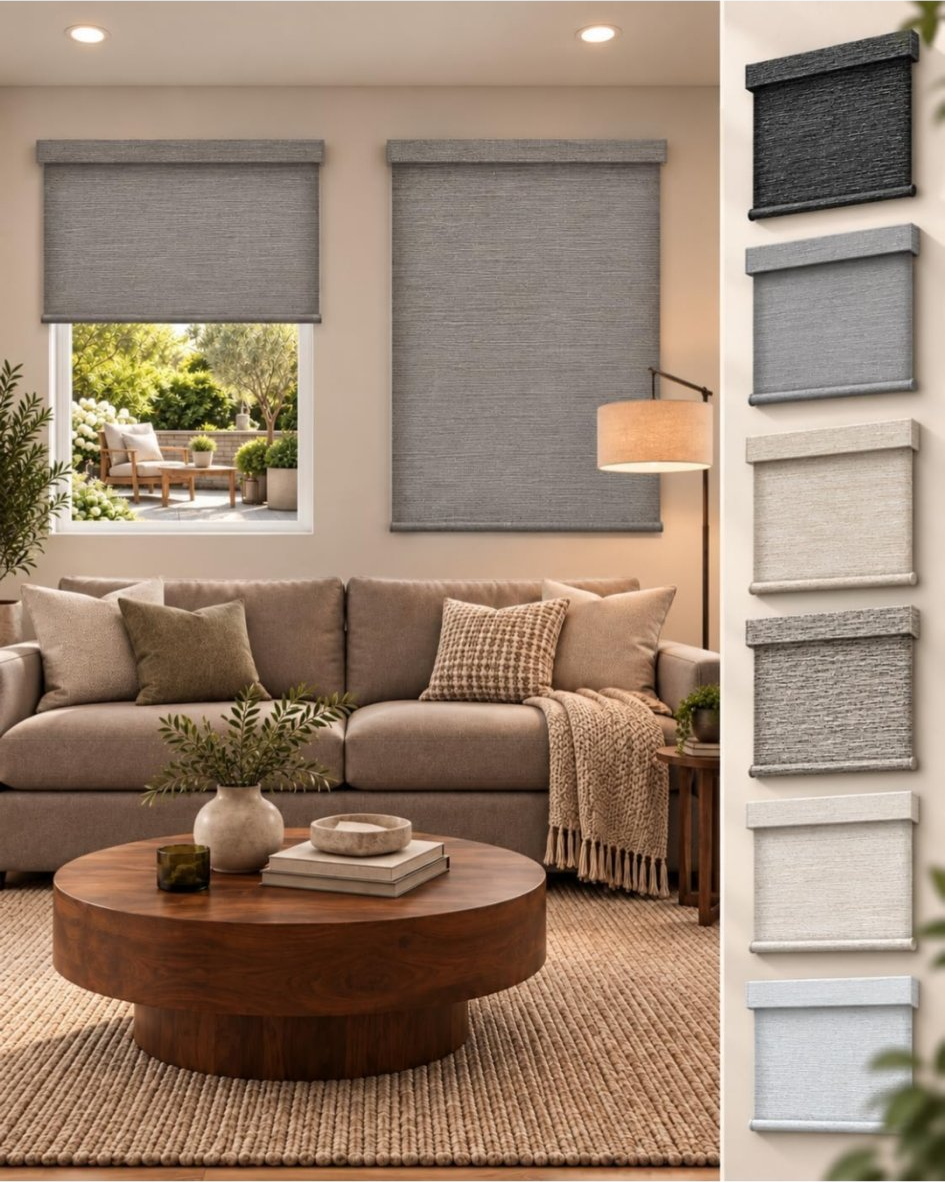 Blackout roller shades - room view with all colors