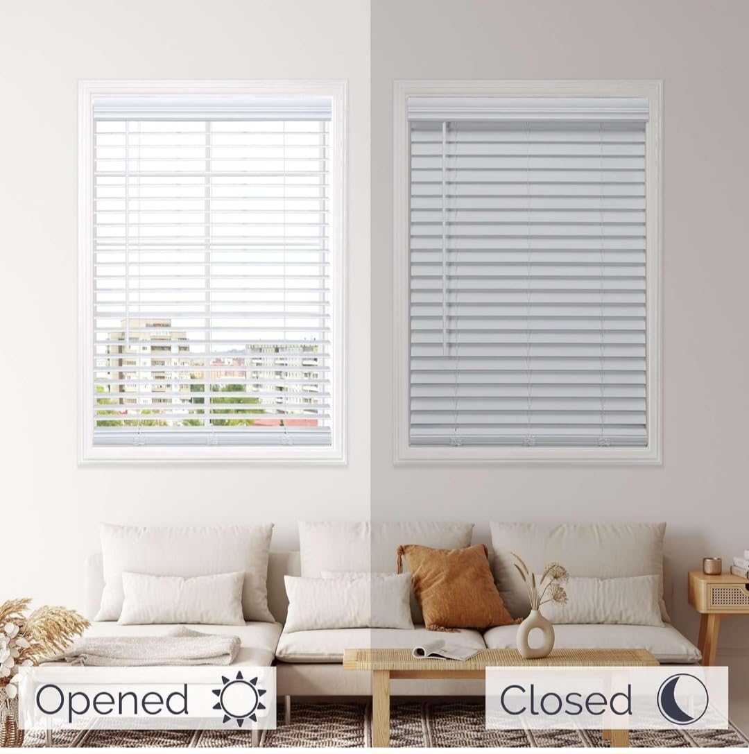 Blinds House Solution, Customizable Faux Wood Horizontal Cordless Window Blinds - 2 Inch Slats - White, Outside or Inside Mount, Cordless Faux Wood Blinds-Custom Window Blinds