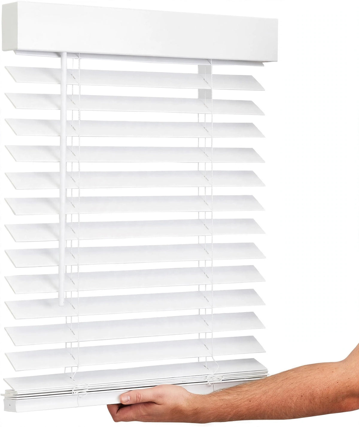 Faux wood blind close-up with modern flat valance