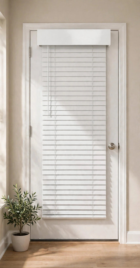 Door blind with modern flat valance in a bright entryway