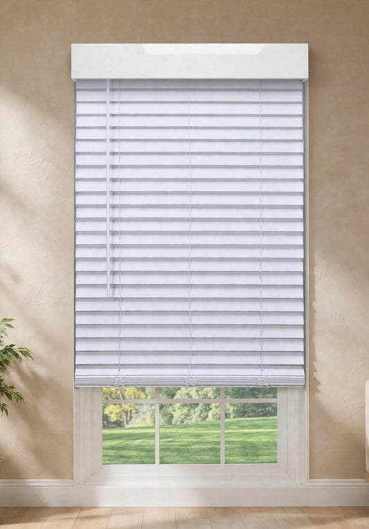 Faux wood blind with modern flat valance in a warm living room
