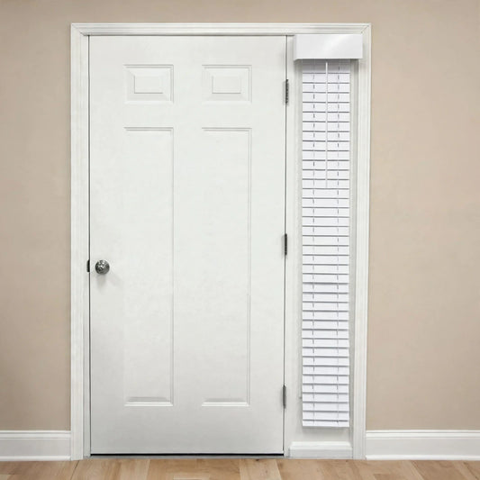 Sidelight blind with modern flat valance beside a front door